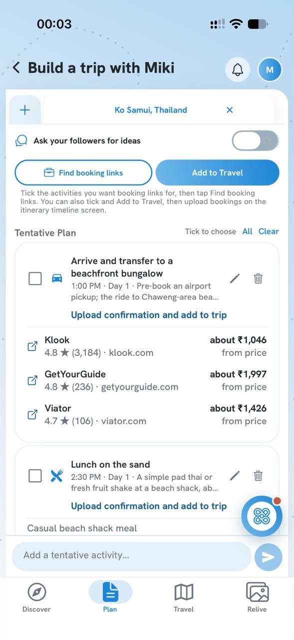 A tentative plan with booking links for each activity