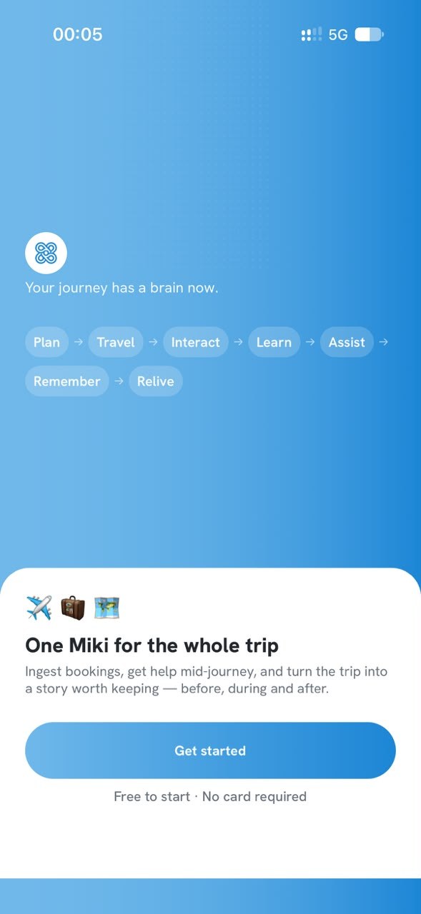 The Miki welcome screen: One Miki for the whole trip
