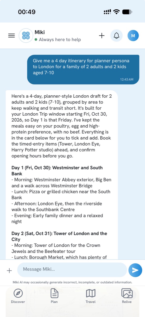 Miki chat giving a four day London itinerary for a family of four