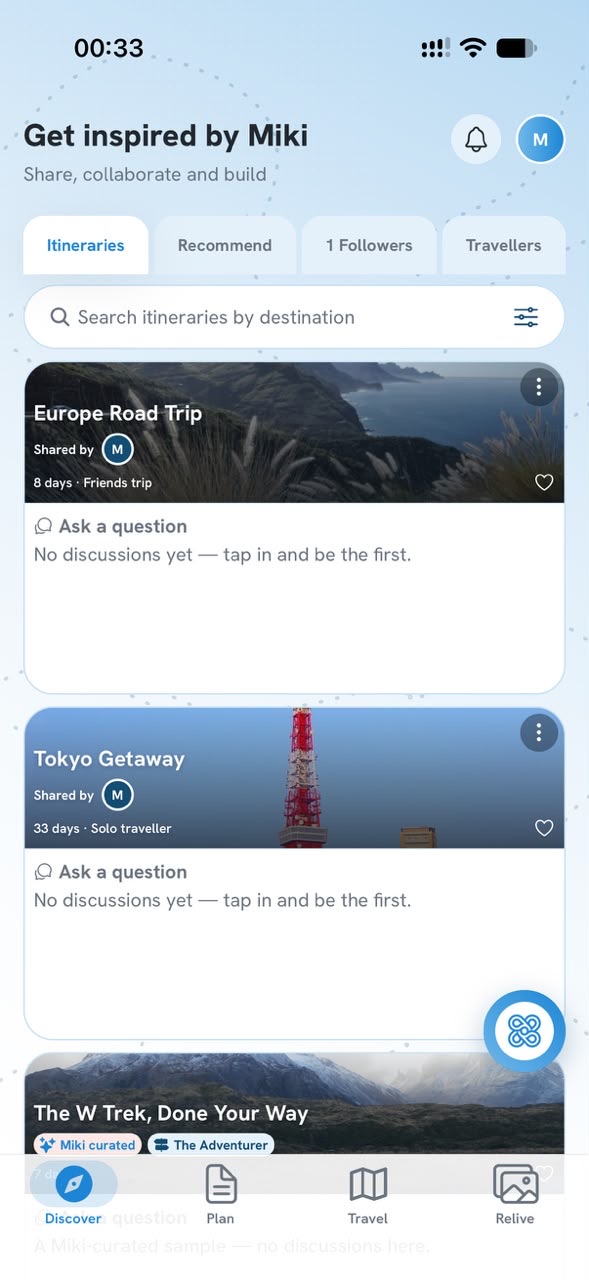 Discover: search itineraries by destination and ask a question on a shared trip