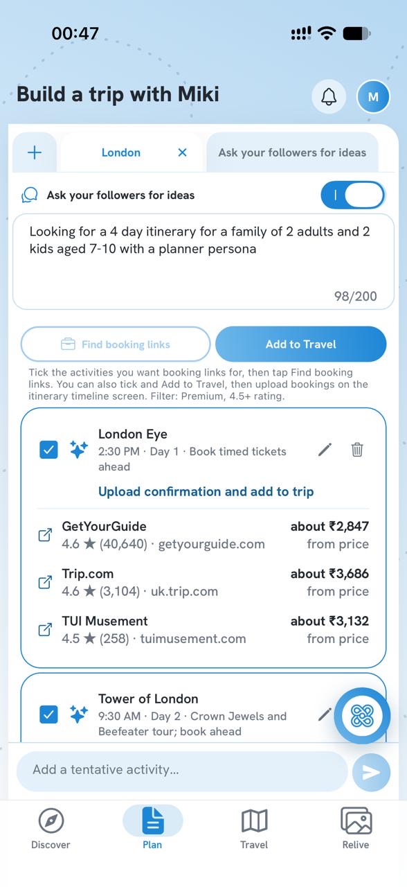 Build a trip: a short brief for followers and a plan with booking links for each activity