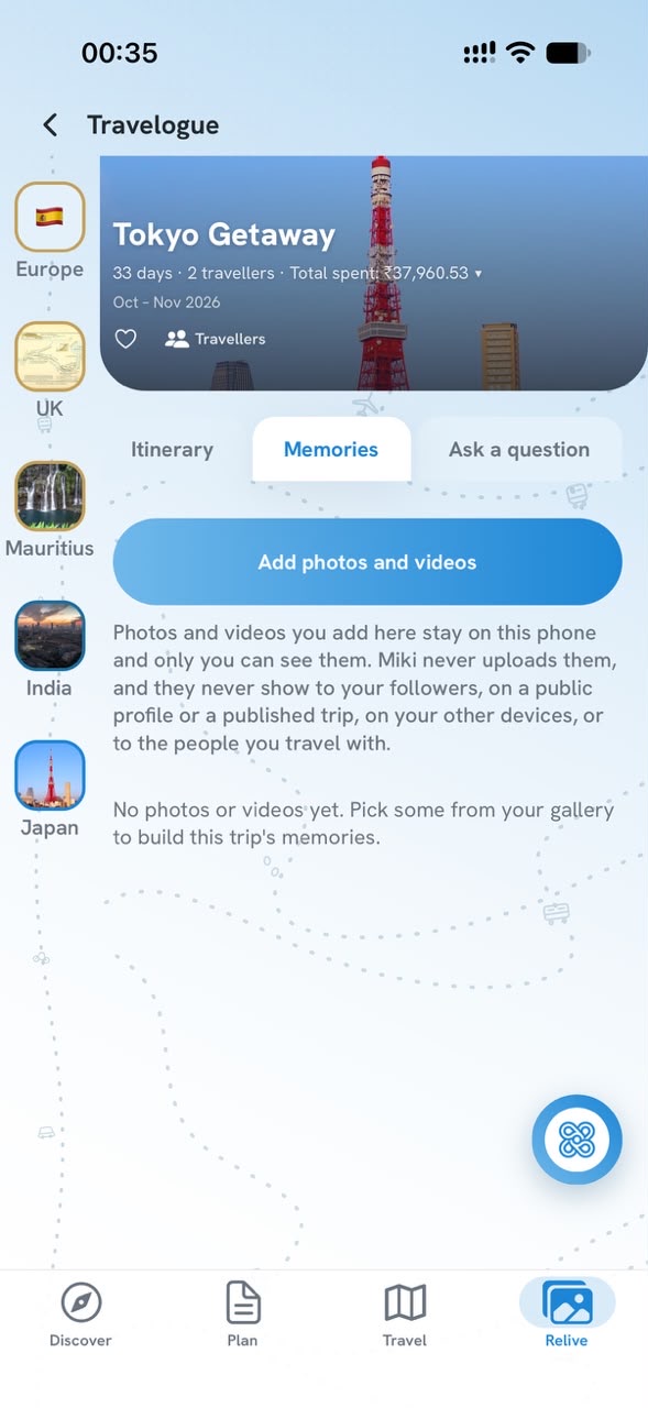 Relive: a trip's Memories tab for your own photos and videos