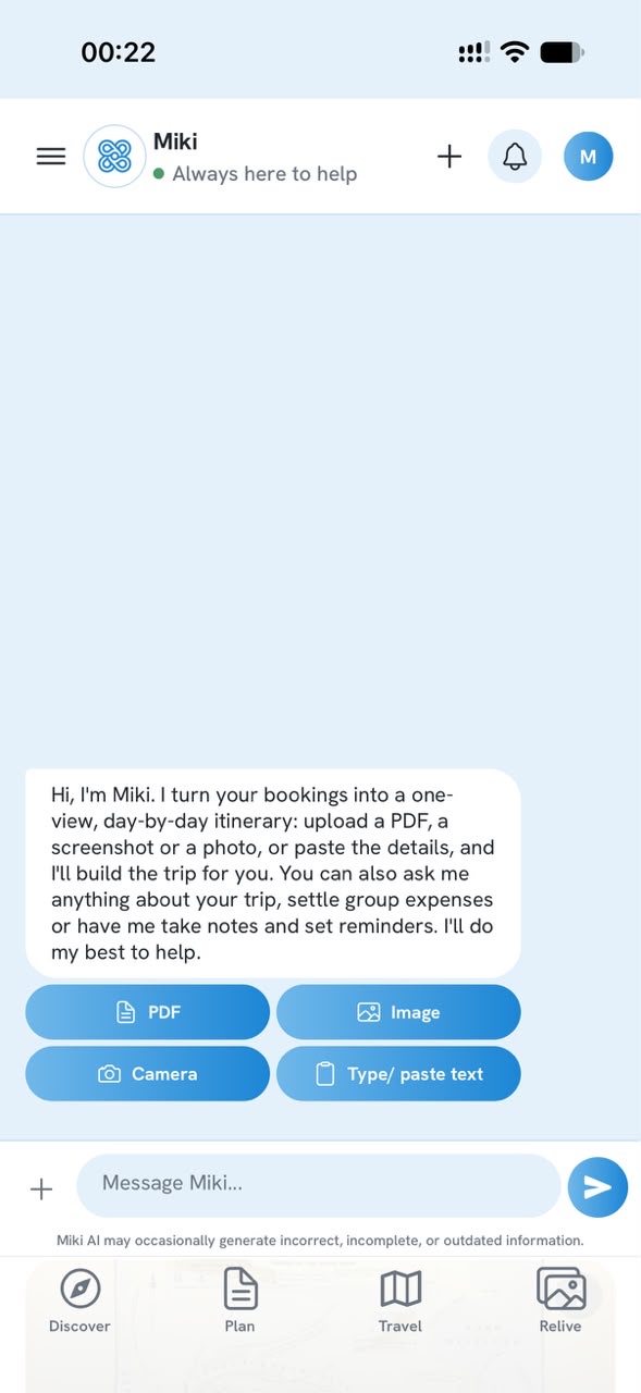 Miki chat greeting with PDF, Image, Camera and Type or paste text buttons for your bookings