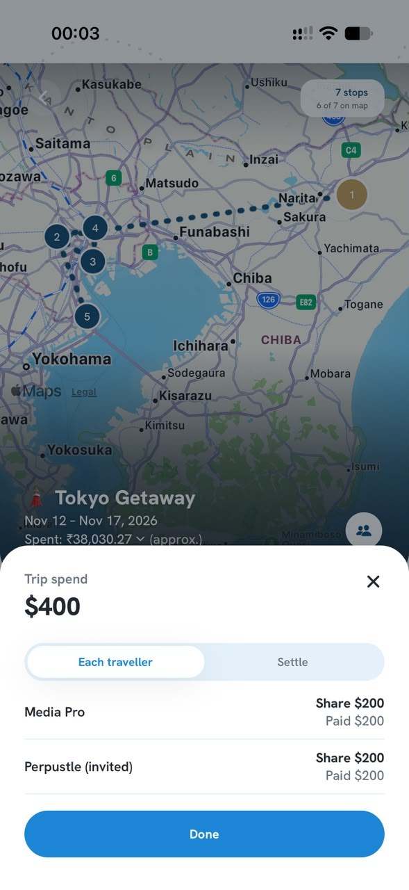 Splitting a trip's spend between travellers
